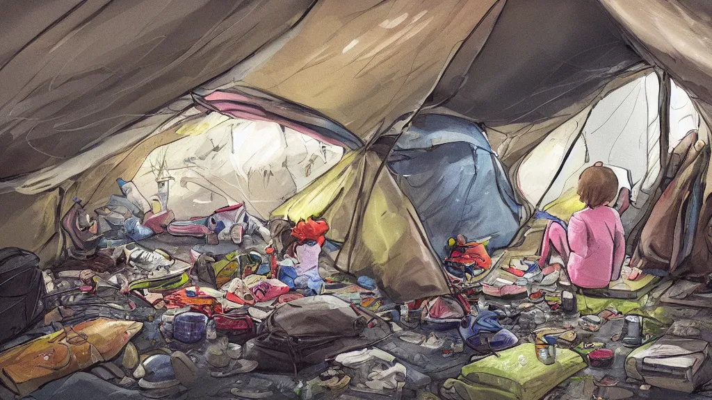 Image similar to an illustration of the inside of a messy camping tent, with a kid sitting in the corner, waste everywhere, high contrast, highly detailed, sharp focus, digital painting, illustration, trending on artstation,