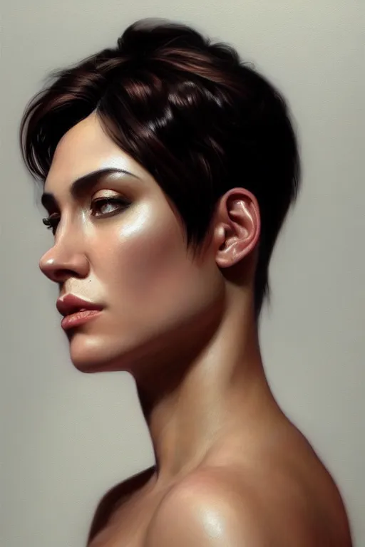 Image similar to photorealistic portrait of a young butch latina professional woman, handsome, female, masculine, upper body, fantasy, fierce, sharp features, intricate, elegant, highly detailed, digital painting, artstation, concept art, matte, sharp focus, illustration, art by artgerm and greg rutkowski and alphonse mucha