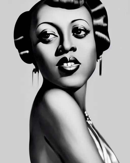 Image similar to photo of josephine baker, film still, dslr, by enoch bolles, ross tran, artgerm, wlop glossy skin, intricate detail, art deco, pearlescent, very coherent, cute