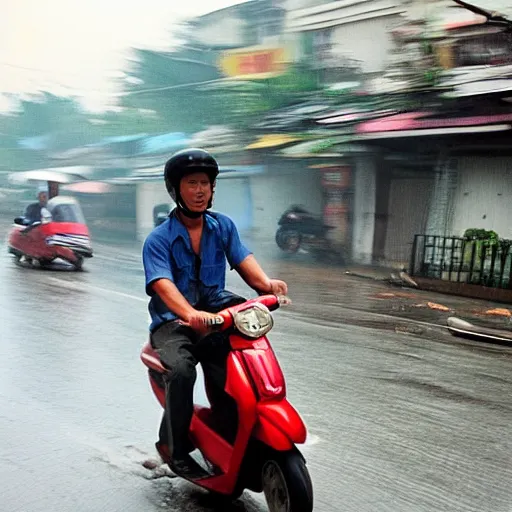 Image similar to a man riding a moped during a tornado hurricane, hanoi vietnam