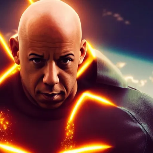 Image similar to vin diesel as saitama!!! throwing!!! a car!!!!!!!!!! into space, ultra realistic, lens flare, atmosphere, glow, detailed, intricate, full of colour, cinematic lighting, trending on artstation, 4 k, hyperrealistic, focused, extreme details, unreal engine 5, cinematic, masterpiece