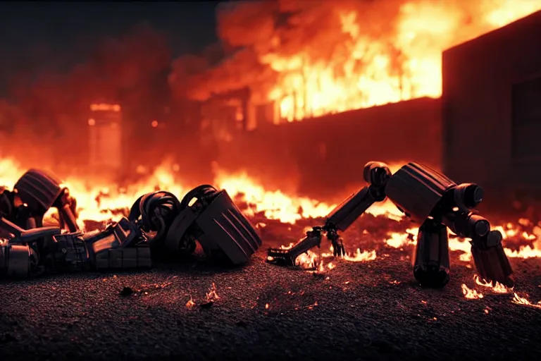 Image similar to vfx film closeup, dead robot couple on the ground holding hands, city street tire tracks fire. flat color profile low - key lighting award winning photography arri alexa cinematography, hyper real photorealistic cinematic atmospheric cool colorgrade