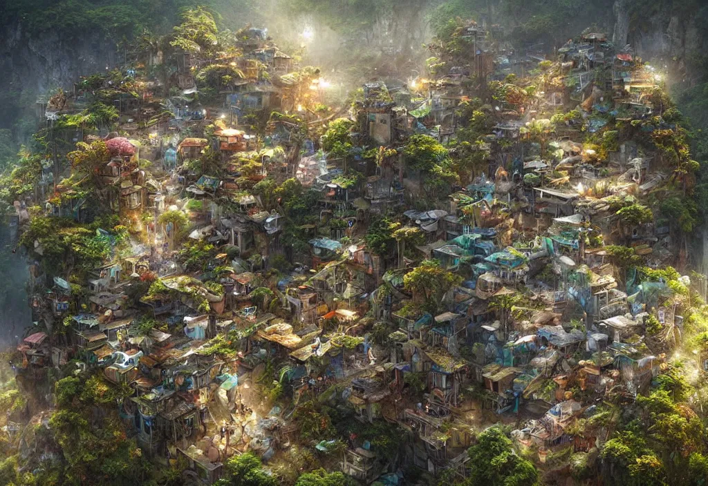 Image similar to photorealistic symetric favela rio in middle of jungle and mountains by ellen jewett, tomasz alen kopera and Justin Gerard