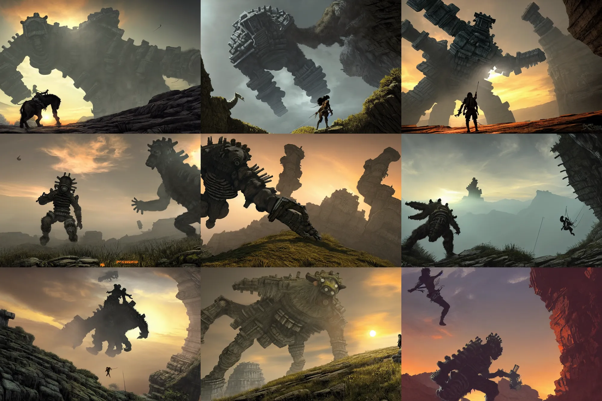 Prompt: incredible screenshot of shadow of the colossus on PS5, orange sunset, dynamic camera angle, deep 3 point perspective, fish eye, dynamic extreme foreshortening of wander climbing a spider Colossus, by phil hale, ashley wood, geoff darrow, james jean, 8k, hd, high resolution print