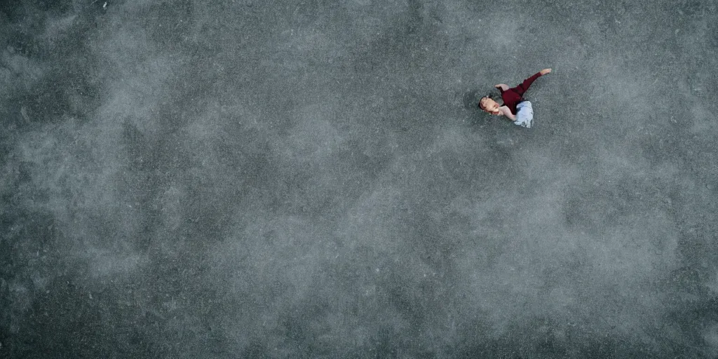 Prompt: a boy flying through clouds looking down at the ground