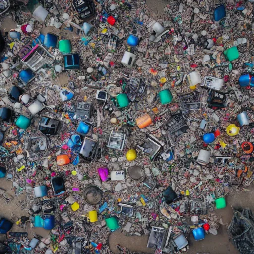 Prompt: color photo of a computer garbage dump in the center of a cyberpunk city, where large robots walk, photo from a quadcopter