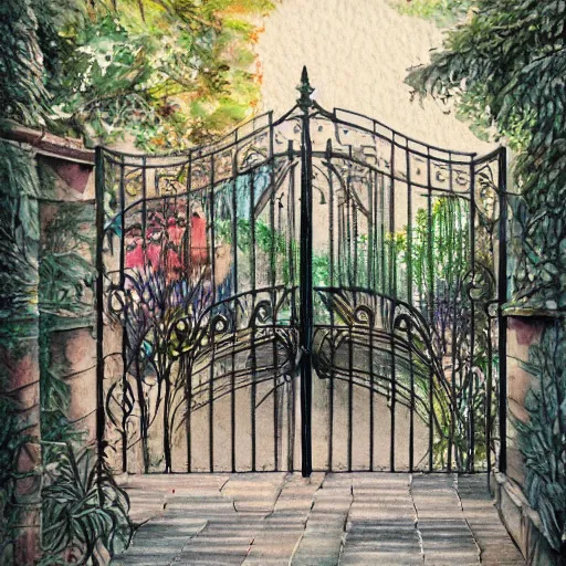 Image similar to delicate, tiger, chairs, garden, paved, botanic watercolors, iridescent, 8 k, realistic shaded, fine details, artstation, italian, iron gate, tree, mediterranean, marvelous