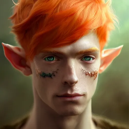 Image similar to portrait painting of an elven eladrin young man with short light orange hair and freckles and tree tattoos on his cheekbones, ultra realistic, concept art, intricate details, eerie, highly detailed, photorealistic, octane render, 8 k, unreal engine. art by artgerm and greg rutkowski and charlie bowater and magali villeneuve and alphonse mucha