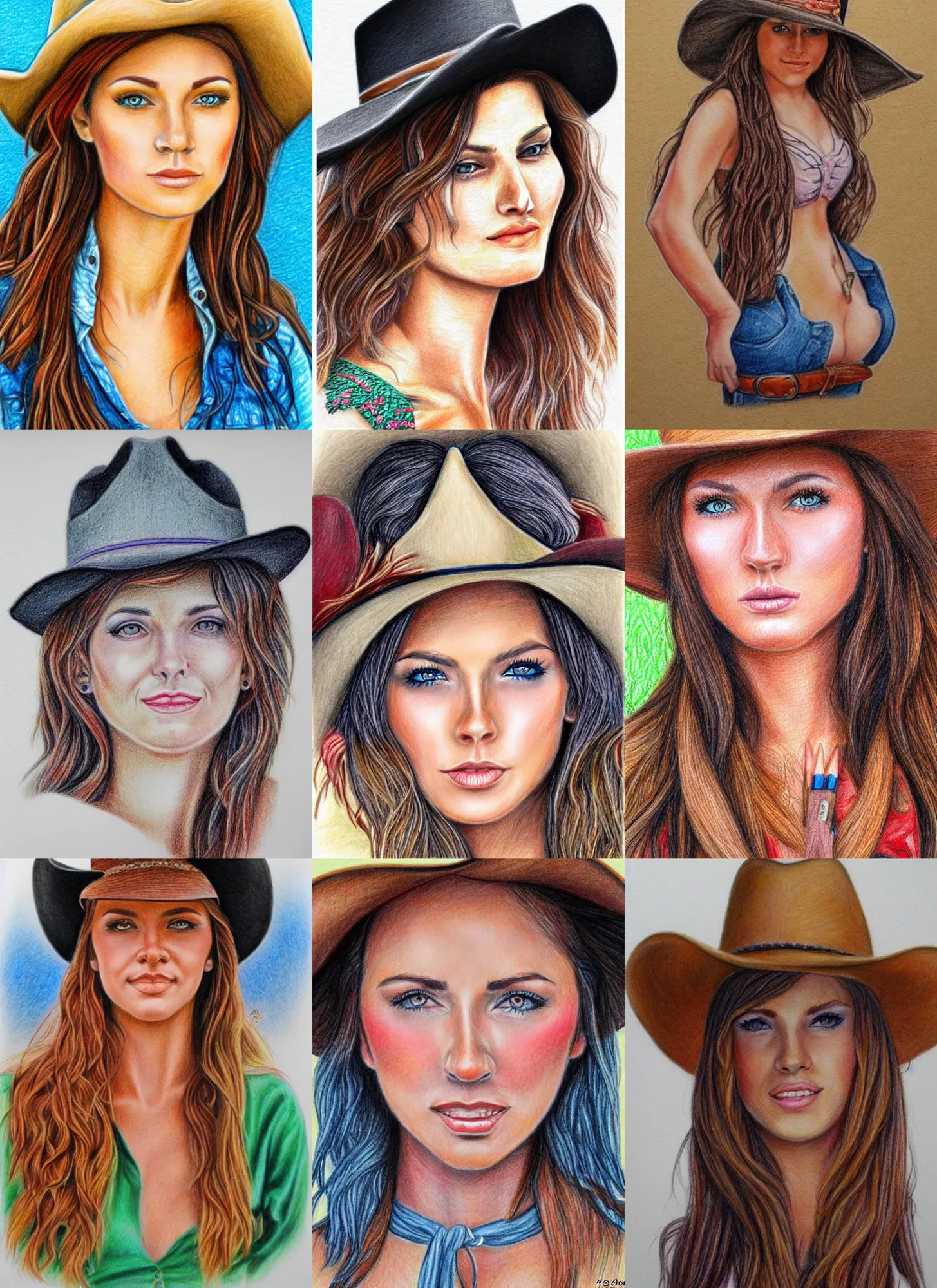 Prompt: detailed full body portrait colored pencil drawing beautiful cowgirl, beautiful face