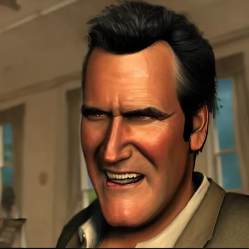 Image similar to a screenshot of bruce campbell in read dead redemption. 3 d rendering. unreal engine. amazing likeness. very detailed. cartoon caricature