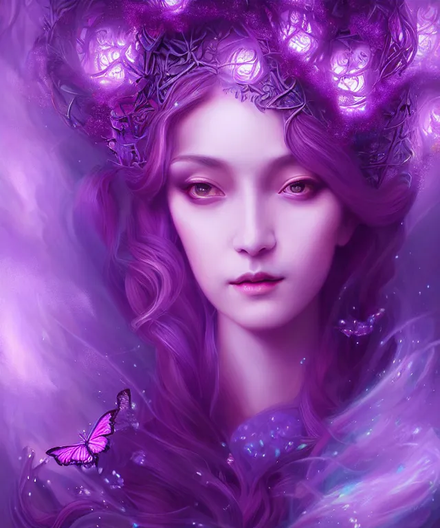 Image similar to ultra detailed, magical realism, portrait painting, of the beautiful empress within the enchanted purple forest, glowing purple, volumetric lighting, illusion, intricate details, by ross tran.