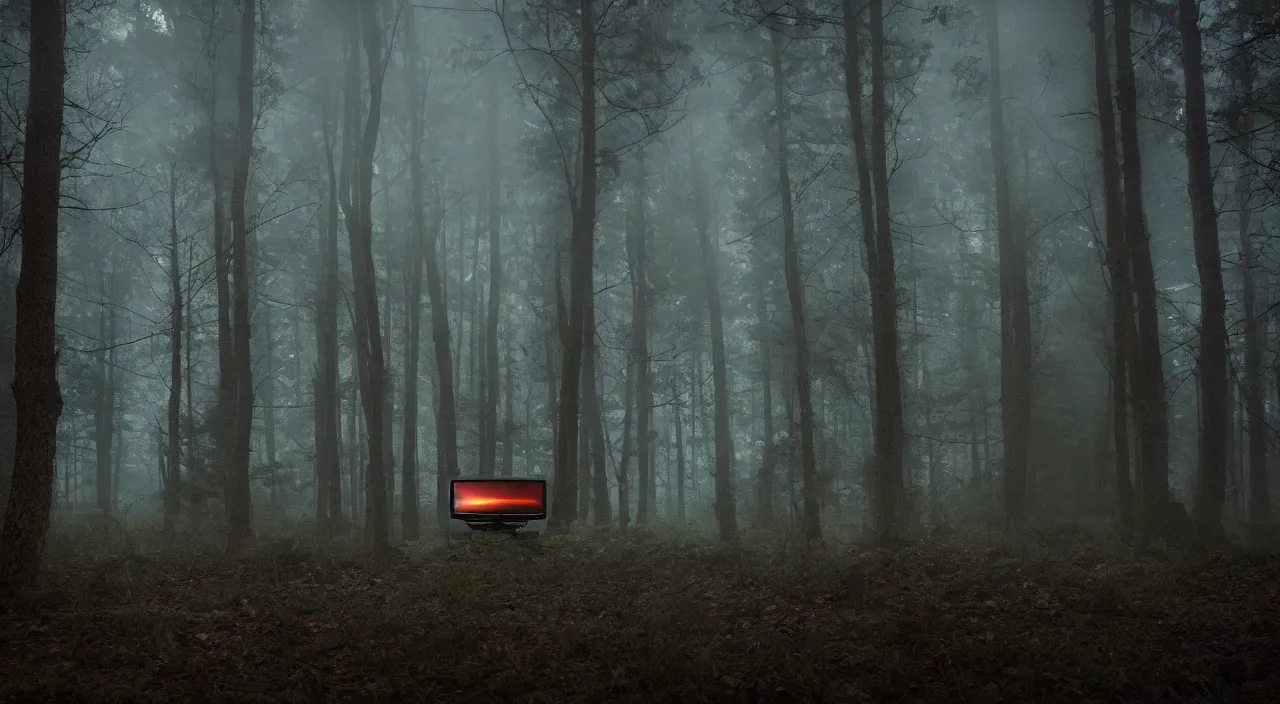 Prompt: many old tvs are standing in a big dark and foggy forest while you can see lights in the background, night, mysterious, octane, Unreal engine, professional photography