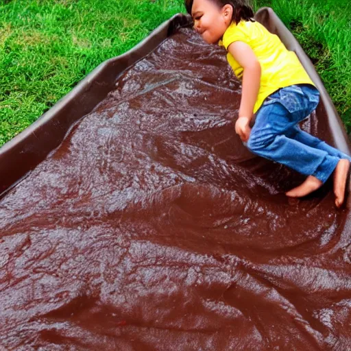 Prompt: kid sliding down chocolate pudding head first, slip n slide, photo taken at the park