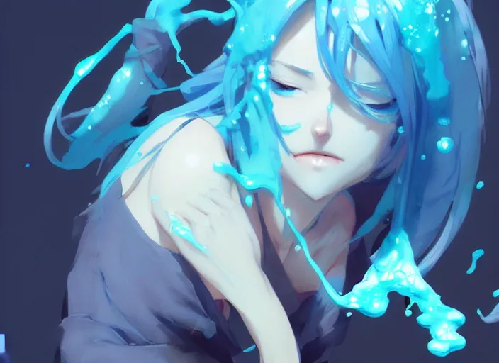 Image similar to a woman made out of blue slime, semi transluscent, perfect art, trending on pixiv, painted by greg rutkowski makoto shinkai takashi takeuchi, akihiko yoshida