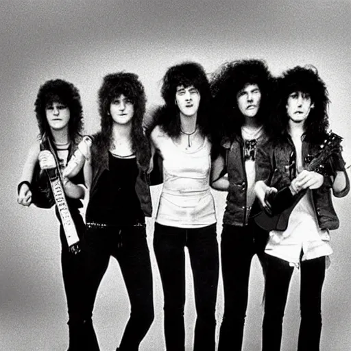 Image similar to Group of 19-year-old women holding electric guitars, long shaggy hair, permed hair, New Wave of British Heavy Metal, heavy metal, band promo photo, Great Britain, 1981 photograph, 16mm photography