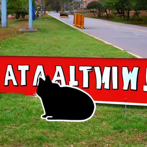 Prompt: A giant fat cat eating a colossal sign that says Eat Me.