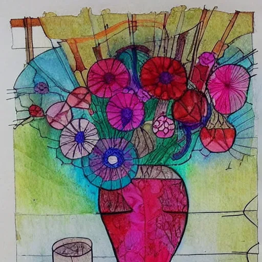 Image similar to a fancy vase with a colorful and beautiful flower arrangement by the close window. very stylize and delicate watercolor and pen drawing on old newspaper. klee and da vinci style. colors splashes. stains. view from far.