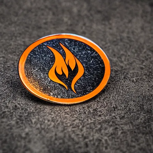 Image similar to an award winning photograph of a vintage 1 9 7 0 s minimalistic clean fire flames warning label enamel pin, beautiful cinematic light, behance