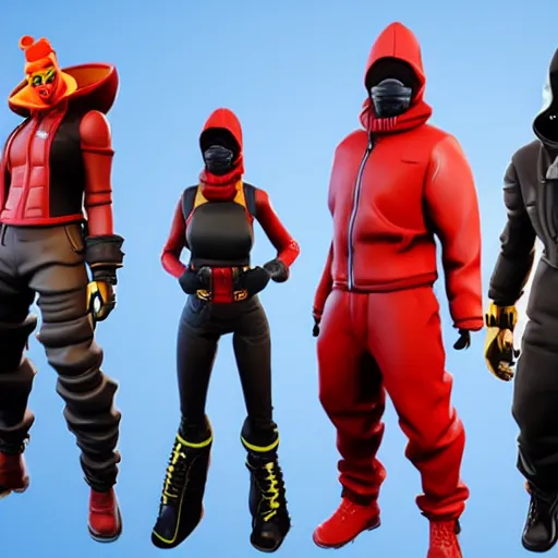 Image similar to fortnite character selection of kanye west using a full face covering black mask, a small, tight, undersized reflective bright red round puffer jacket made of nylon, dark jeans pants and big black balenciaga rubber boots, action figure, 5 points of articulation, full body, 4 k, highly detailed