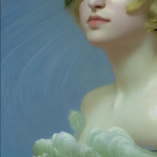 Image similar to young woman's face, her hair is white and she wears a cobalt blue duchesse satin cloak, by syd mead and moebius and roger dean and gaston bussiere and ivan aivazovsky and willem claesz and pieter claesz and paul delaroche and alma tadema and aelbert cuyp, hyperrealistic, volumetric light, octane