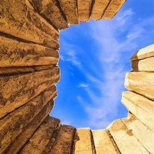 Image similar to photo taken from the bottom of a well looking up, seeing the walls of the well and a beautiful sky