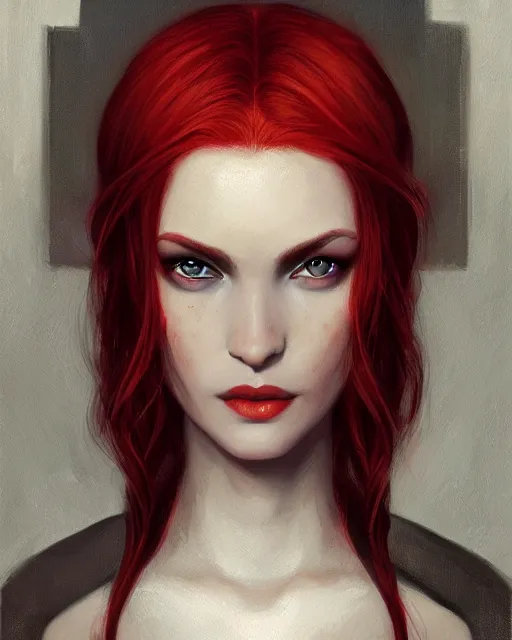 Image similar to a detailed matte oil on canvas head on symmetrical portrait of a distinguished elven woman with red hair on an empty background, by charlie bowater, wlop, trending on artstationhd, dungeons and dragons art, critical role