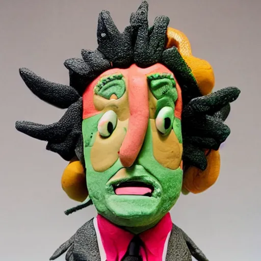 Prompt: riff raff, made of clay, as a claymation character