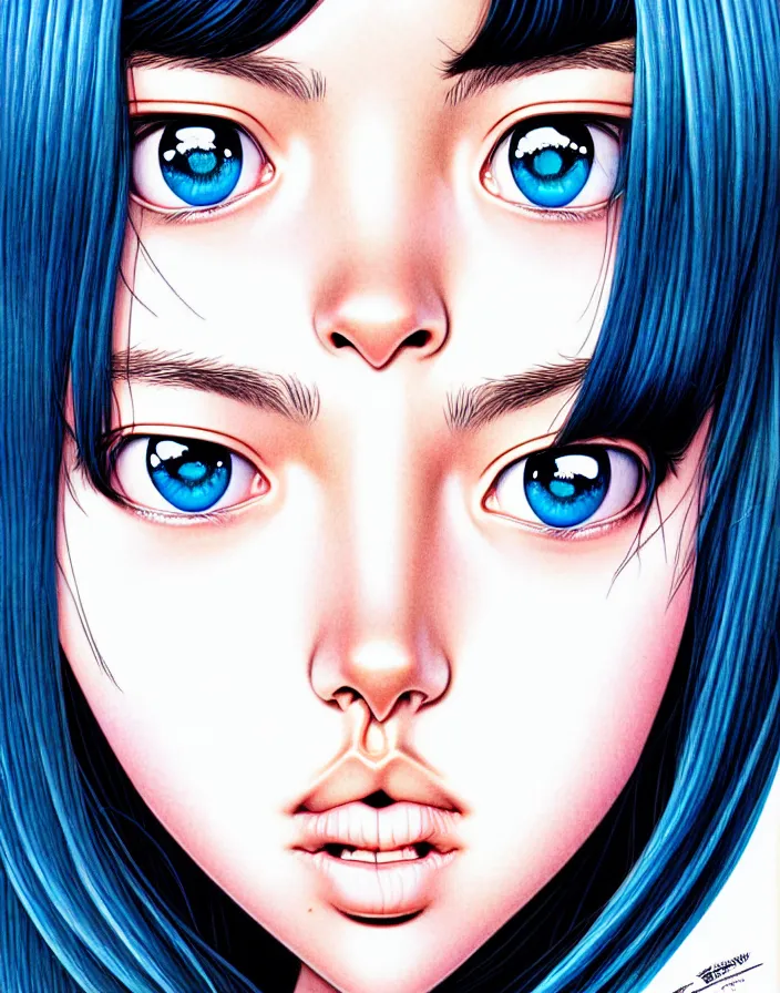 Image similar to extremely detailed color ink pen  illustration depicting an extreme close up face of a dainty young truant android female stoner prep highschool school student with medium length silky straight iridescent black hair and lightly suntanned skin, illustrated by Artgerm and Range Murata.