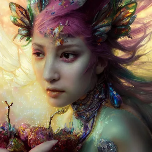 Prompt: face closeup of magical fairy flowers and ice velvet, ayppqrstu, diamonds, angels, 3 d render, hyper - realistic detailed portrait, holding fire and electricity rainbow, ruan jia, wlop. scifi, fantasy, magic the gathering, hyper detailed, octane render, concept art, peter mohrbacher c 2 0