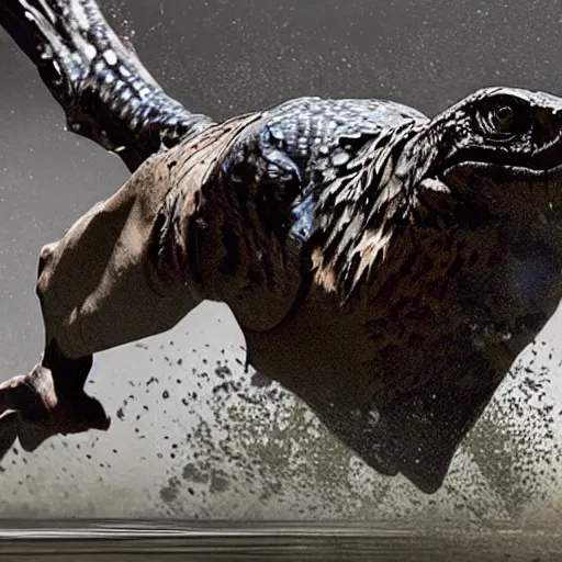 Image similar to A photorealistic picture of a raptor running in the sewer, by Steven Spielberg