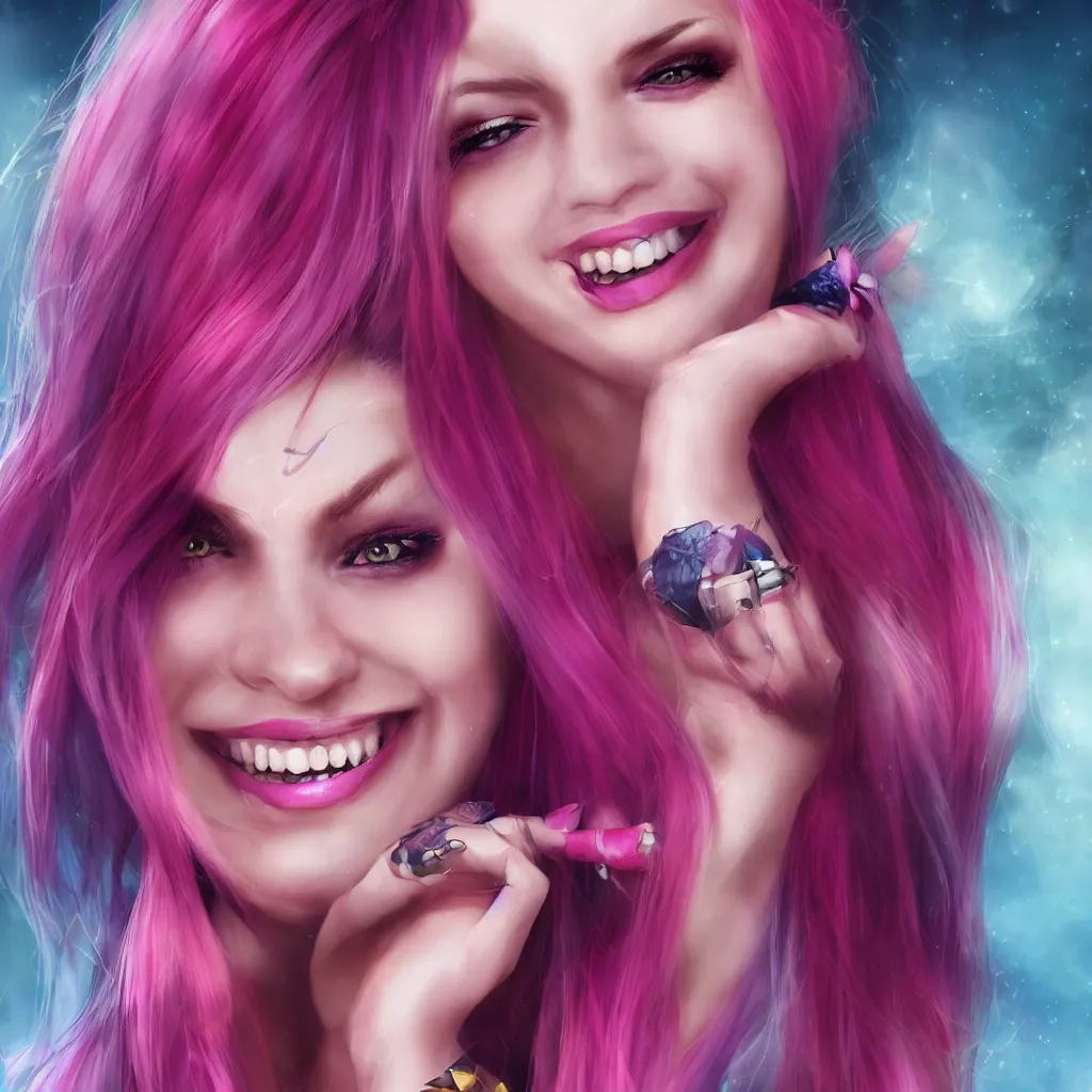 Image similar to ultra realistic portrait of a hot witch , colorful hair, pink lips, gorgeous smile, stunning, hottest, 8K resolution, deviantart,