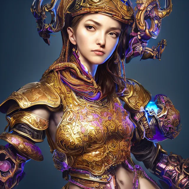 Image similar to studio portrait of lawful good colorful female holy mech paladin as absurdly beautiful, elegant, young sensual pretty woman, ultrafine hyperrealistic detailed face illustration by kim jung gi, irakli nadar, intricate linework, sharp focus, bright colors, matte, octopath traveler, final fantasy, unreal engine highly rendered, global illumination, radiant light, intricate environment