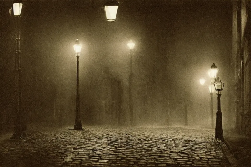 Image similar to wet plate photograph, august strindberg waking alone at night along cobblestone street in vienna, night time, alone, lamplight, victorian era, depth of field, very detailed, fog, highly accurate, intricate