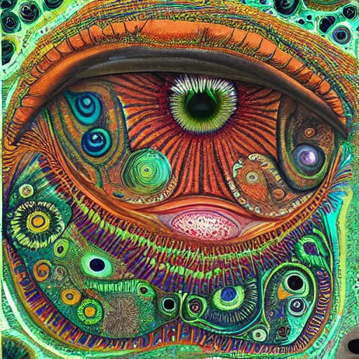 Image similar to A beautiful mixed mediart a large eye that is looking directly at the viewer. The eye is composed of a myriad of colors and patterns, and it is surrounded by smaller eyes. The smaller eyes appear to be in a state of hypnosis, and they are looking in different directions. lawn green by James C. Christensen casual, sad