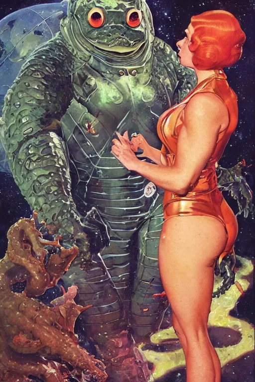 Image similar to full body portrait of brock lesnar as amphibian demon standing beside elegant space woman in latex spacesuit, by norman rockwell, jack kirby, jon berkey, earle bergey, craig mullins, ruan jia, jeremy mann, tom lovell, marvel, astounding stories, 5 0 s pulp illustration, scifi, fantasy, artstation creature concept