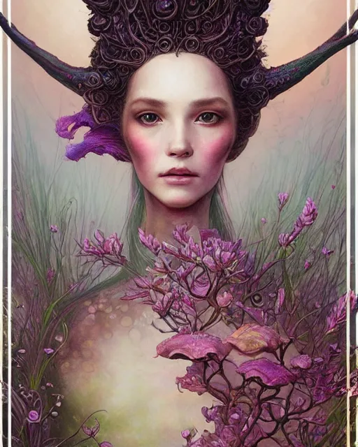 Image similar to a beautiful detailed front view portrait of a princess with ornate growing around, ornamentation, flowers, elegant, beautifully soft lit, by wayne barlowe, peter mohrbacher, kelly mckernan