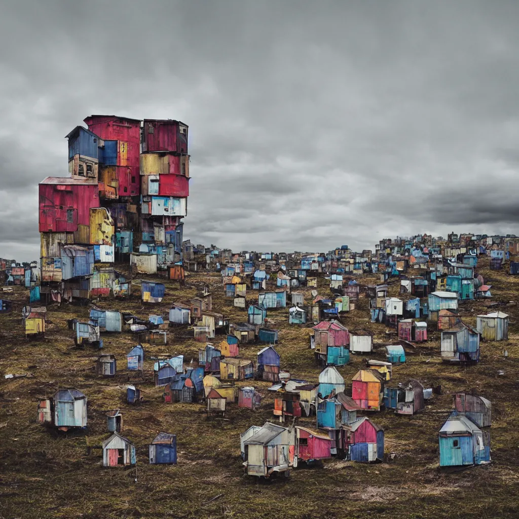 Image similar to towers made up of colourful makeshift squatter shacks, bleached colours, moody cloudy sky, dystopia, mamiya, very detailed, photographed by cristina de middel