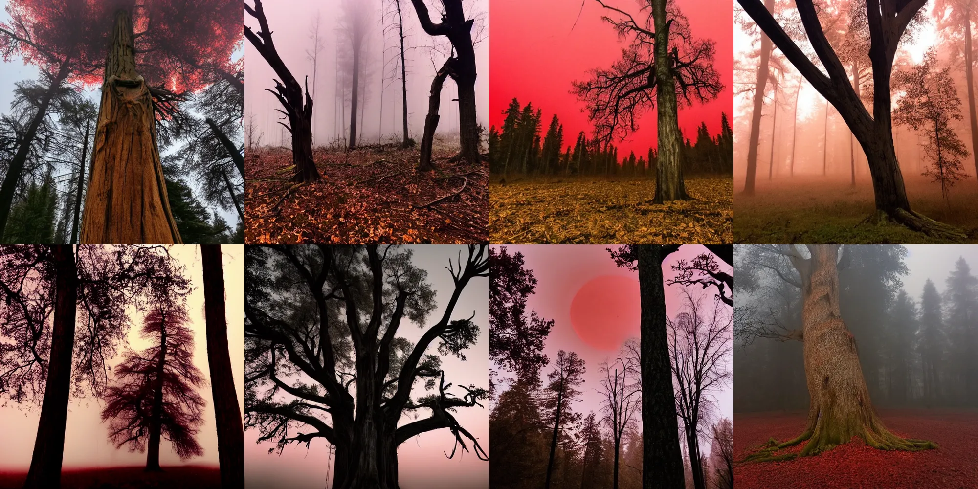 Prompt: A very large, scary, dead tree in front of a spooky forest, sky is red and the weather is foggy