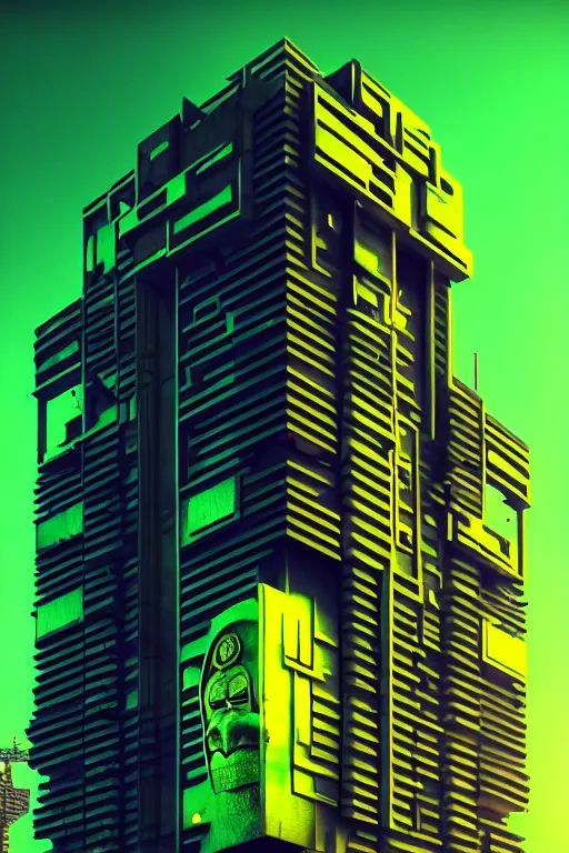 Image similar to high quality 3 d render cyberpunk brutalist hanuman head building, neon yellow madhubani, highly detailed, in sci - fi mumbai, unreal engine cinematic smooth, liam wong, moody light, low angle, uhd 8 k, sharp focus