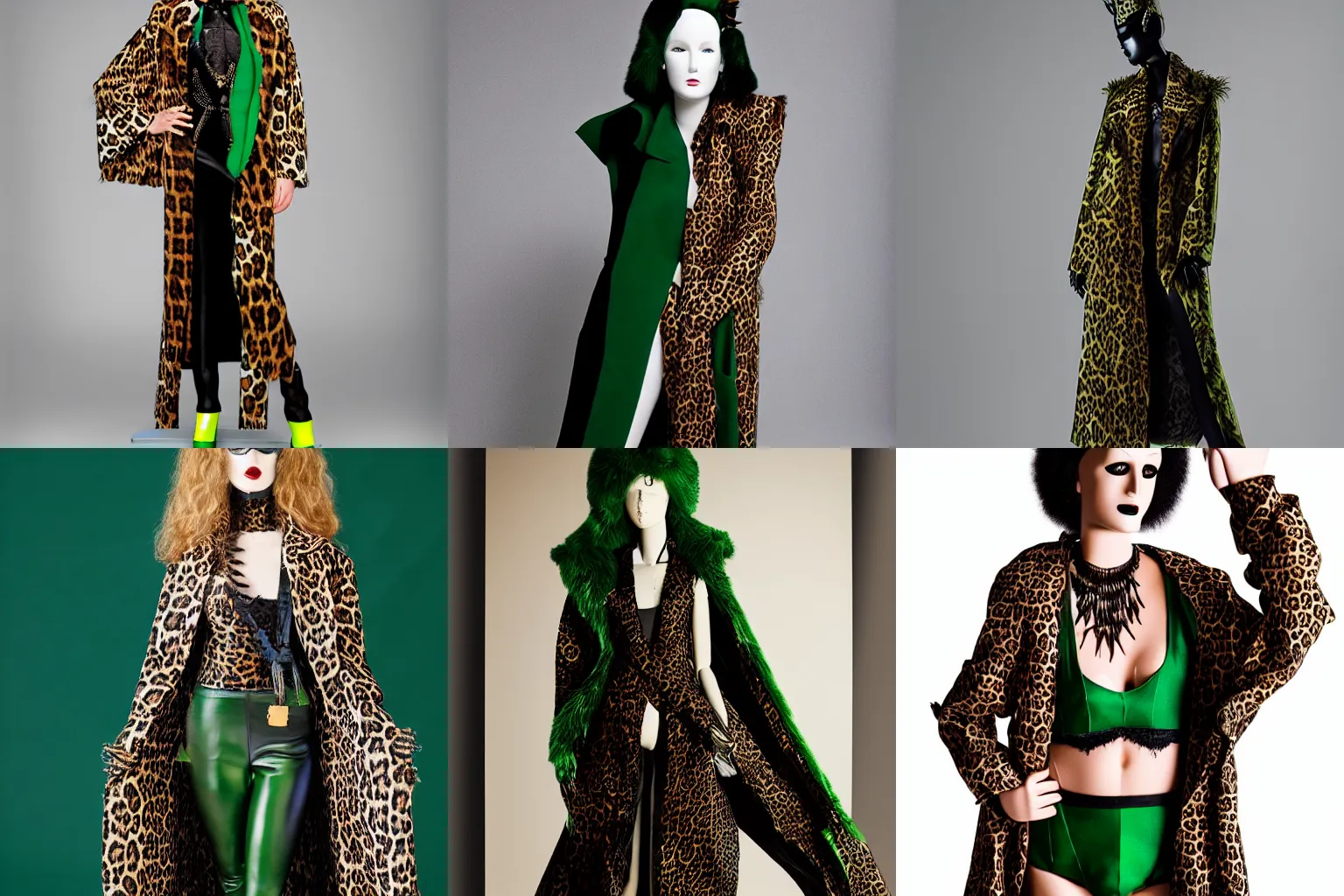 Prompt: photograph of female mannequin wearing a Long Leopard coat with black leather spikes and green lace , studio lighting