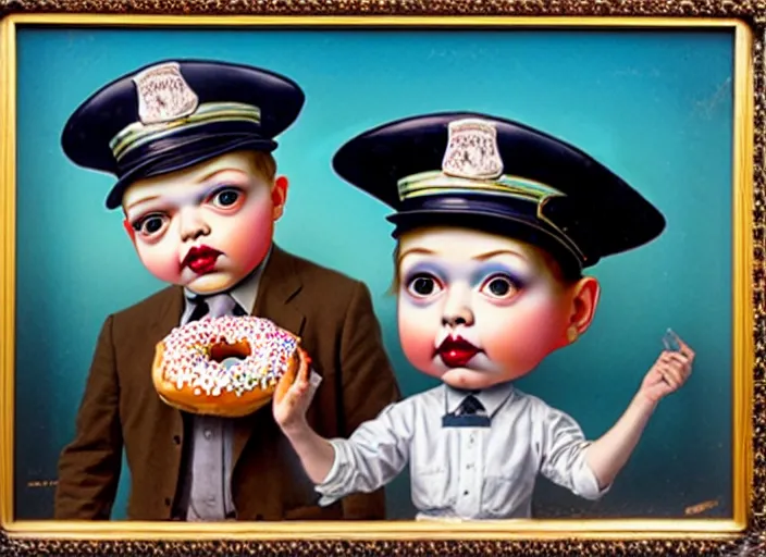 Image similar to a donut wearing a cop hat, lowbrow, matte painting, 3 - d highly detailed, in the style of mark ryden,