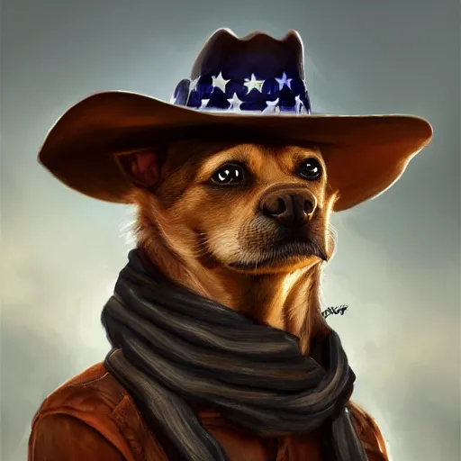 Prompt: a portrait of a dog with a cowboy hat on with an American flag scarf, D&D, sci-fi, elegant, hopeful, muscular, highly detailed, digital painting, artstation, concept art, smooth, sharp focus, illustration