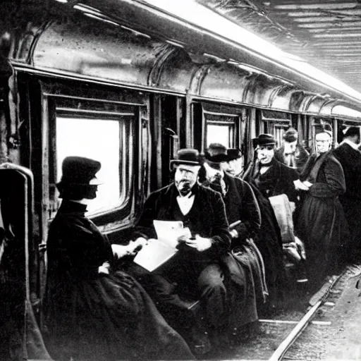 Image similar to an old historical photo of commuters in the train to new york, 1 8 9 0, everybody is looking on their smartphones