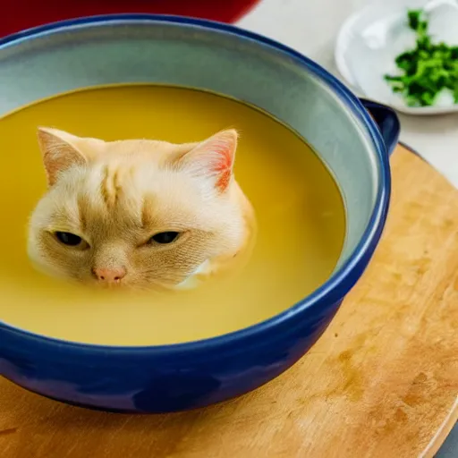 Image similar to michelin star food photography of a cooked cats head floating in a bowl of soup