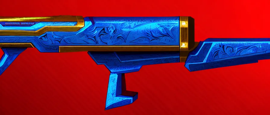 Image similar to a magical shotgun made from glossy red - painted wood and elements of gold metalwork, antique, sawed - off, double - barreled, glowing with blue elertcicity, video game concept art