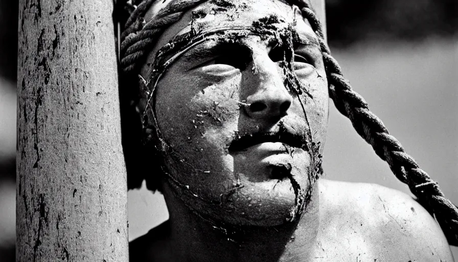 Image similar to 1 9 7 0 s movie still close - up of marcus atilius regulus'face tied with ropes at a pole with forced - open bleeding eyes looking at the burning sun, cinestill 8 0 0 t 3 5 mm b & w, high quality, heavy grain, high detail, texture, dramatic light, anamorphic, hyperrealistic, detailed hair