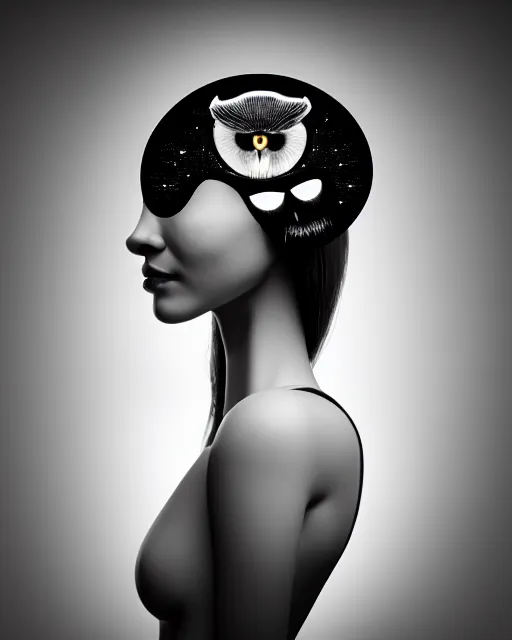 Image similar to surreal mythical dreamy dark artistic black and white fine art 3 / 4 fashion portrait photo of a young beautiful delicate female robot with realistic orchid - owl face, rim light, cinematic, studio dramatic light, poetic, masterpiece, octane render, 8 k, photo - realistic by hg giger and man ray