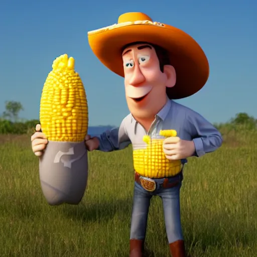 Prompt: john cornyn as a pixar character with a corn on the cob body and cowboy hat, 3 d, octane render,