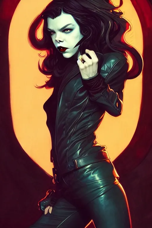 Prompt: rafael albuquerque comic art, art nouveau, peter mohrbacher, artgerm, pretty anya taylor - joy vampire sharp vampire teeth open mouth, symmetrical eyes, black leather jacket, jeans, long blonde hair, full body