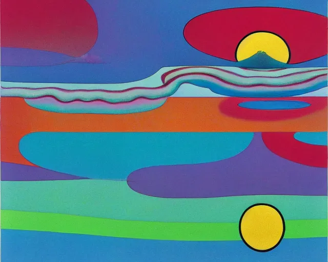 Image similar to Ocean waves in a psychedelic dream world. Wayne Thiebaud. Takashi Murakami. Paul Klee. Minimalist.